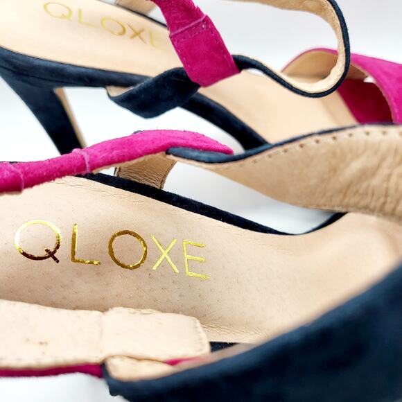 NWOT QLOXE Fuchsia & Navy Blue Ankle Strap Heeled Sandals Women's Size 8.5 - Picture 8 of 11